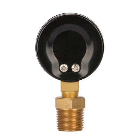 Measureman 2-inch well pump pressure gauge, black circular housing with brass 1/4 in NPT male thread and 1/2 in adaptor