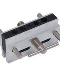 Self Centering Doweling Jig Kit With Adjustable Width Drilling Guide And Six Bushings, silver finish, front view