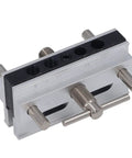 Self Centering Doweling Jig Kit Locks Dead Nuts Alignment For Tight Pin Joinery And Smooth Sailing Cabinet Assembly Or Top Quick Premium Master Woodshop Craftsman Projects, close-up of aluminum frame with adjustable fixtures.
