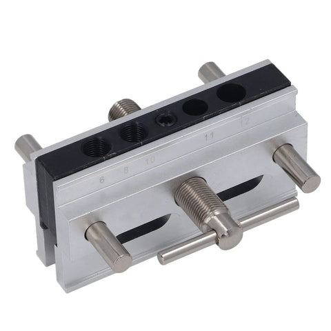 Self Centering Doweling Jig Kit Locks Dead Nuts Alignment For Tight Pin Joinery And Smooth Sailing Cabinet Assembly Or Top Quick Premium Master Woodshop Craftsman Projects, close-up of aluminum frame with adjustable fixtures.