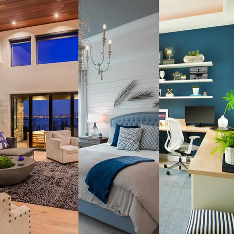 Various interior spaces showcasing cozy living room, elegant bedroom, and modern home office with stylish decor.