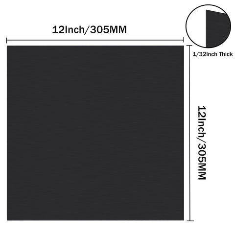 Front view of black anodized aluminum sheet, 12 x 12 in, 0.8 mm thick, engraving blank