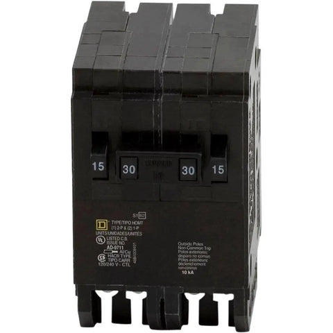 Quad Circuit Breaker For Home Electrical Panels, Beefy Copper Construction, 1 Pole 30A And 2 Pole 240V Ready, front view