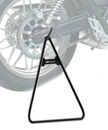 Universal Dirt Bike Kickstand Holder Triangle Side Stand For 80-500Cc Motocross Enduro Supermoto Pit Bike Built Tough In Heavy Duty Steel Fits Rear Axles 18mm 14mm And 11mm Black next to motorcycle wheel.