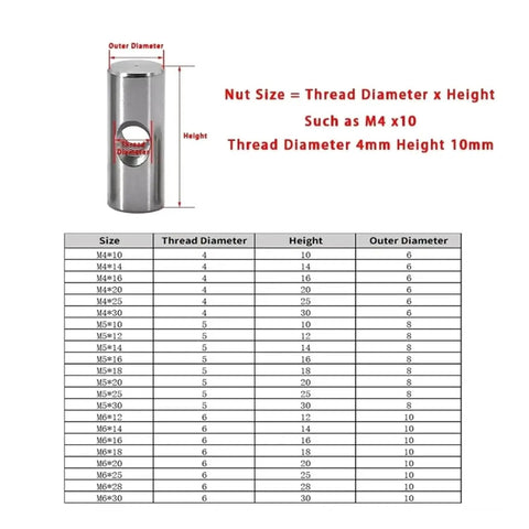 Heavy Duty 304 Stainless Steel Embedded Nut With Cross Hole Pin For Hammer In Fastening, Corrosion Resistant hardware size chart.