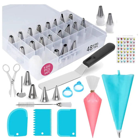 All In One Cake Decorating Tool Set With Multiple Molds And Piping Tips For Buttercream And Biscuit DIY Creations 100 Piece Baking Kit