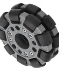 100mm double plastic omni wheel with rubber rollers on a gray hub for robot platforms.
