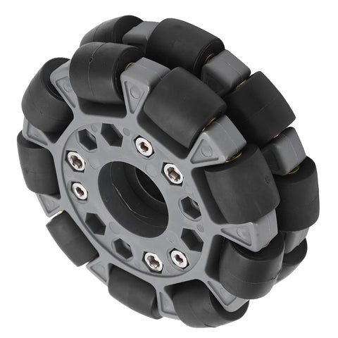 100mm double plastic omni wheel with rubber rollers on a gray hub for robot platforms.