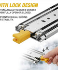 Close-up of Beefy Heavy Duty Drawer Slides With 500 Lb Capacity, showing yellow lock design and smooth ball bearing rails.