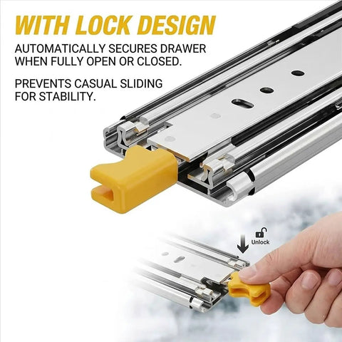 Close-up of Beefy Heavy Duty Drawer Slides With 500 Lb Capacity, showing yellow lock design and smooth ball bearing rails.