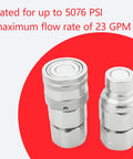 Two silver 1/2 in NPT skid-steer hydraulic quick-connect couplers with dust caps rated up to 5076 PSI