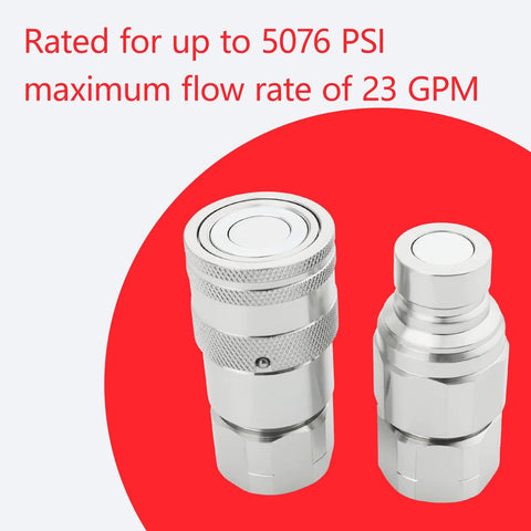 Two silver 1/2 in NPT skid-steer hydraulic quick-connect couplers with dust caps rated up to 5076 PSI