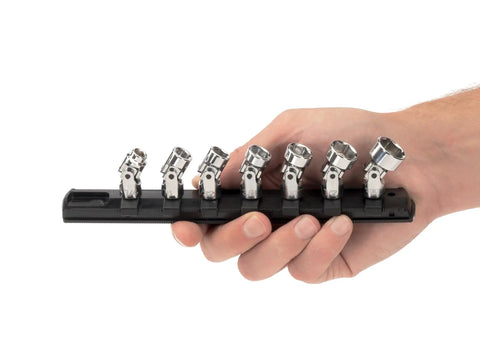 Hand holding 1/4 Inch Drive 6 Point Universal Joint Socket Set with Rail, 7 Piece featuring Shallow 6 Point Sockets for tight spaces.