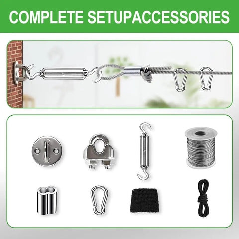 Complete setup accessories for 12x12 Ft Golf Practice Netting With Thick Border For Backyard And Garage, hardware kit shown.