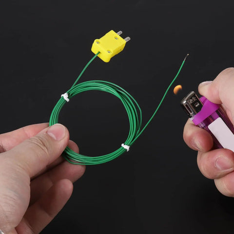 K Type Thermocouple Probe Mini Connector Temperature Sensor Universal for TM-902C TES1310 Thermometer 0 to 220 C 6.6ft Lead Green Pro Grade Plug and Play Accessory held in hand next to lighter