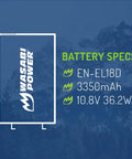 Battery specs for Two Pack Battery And Dual Charger For Nikon EN-EL18d Cameras Z9 D4 D4S D5 D6 D850 with specs overlay.