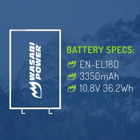 Battery specs for Two Pack Battery And Dual Charger For Nikon EN-EL18d Cameras Z9 D4 D4S D5 D6 D850 with specs overlay.