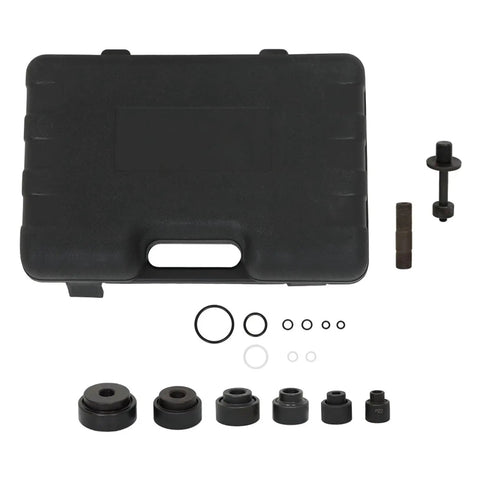 10 Ton Hydraulic Knockout Hole Punch Kit With Separable Pump And Rotatable On Off Valve showing die set and storage case.
