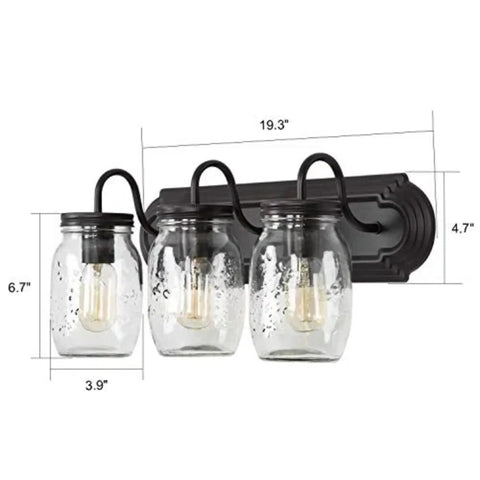 Farmhouse Mason Jar Vanity Light Fixtures 3 Light Wall Sconce Over Mirror In Oil Rubbed Bronze with dimensions labeled
