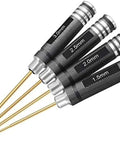 Top Shelf Titanium Plated Hex Screwdrivers Four Piece Wrench Set With Slick Aluminum Grip Handles Built Tough For Tweaking RC Drones Quads And Weekend Fixes, showing four titanium hex screwdrivers with ergonomic handles.