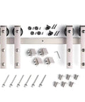 Heavy Duty 8 Ft Brushed Nickel Double Sliding Barn Door Hardware Track Kit With J Pulley For Ultra Smooth Quiet Glide Easy Install Ball Bearing Rollers Anti Rust Steel Rails Built For Two 24 Inch Wide Doors DIY Friendly