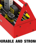 Red Portable Metal Tool Box Tote Tray For Mechanics And DIY Pros On The Go Durable Versatile Storage Organizer That Fits Wrenches Sockets Pliers And Electrician Gear, red steel tray loaded with hand tools