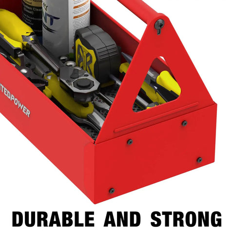 Red Portable Metal Tool Box Tote Tray For Mechanics And DIY Pros On The Go Durable Versatile Storage Organizer That Fits Wrenches Sockets Pliers And Electrician Gear, red steel tray loaded with hand tools