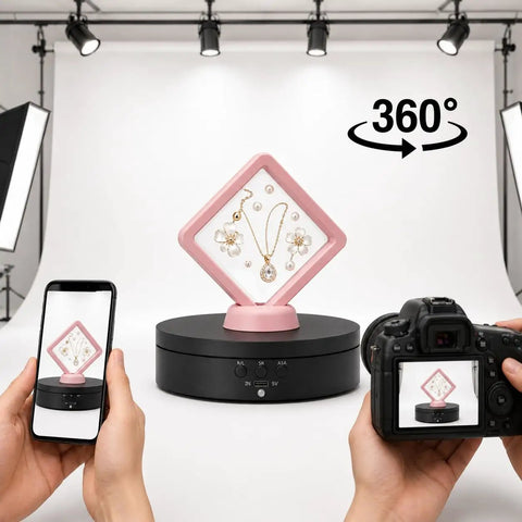 Top Notch Motorized Rotating Display Stand With 360 Degree Electric Photography Turntable showcasing jewelry while being photographed.