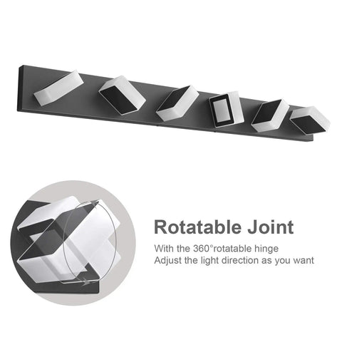 Six Light Modern Matte Black Vanity Light Fixture With Acrylic LED showing rotatable joint detail for bathroom use