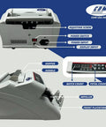 Advanced Money Counter Machine With UV, MG, DD, DBL, HLF, CHN Counterfeit Detection Plus Add And Batch Modes showing features.