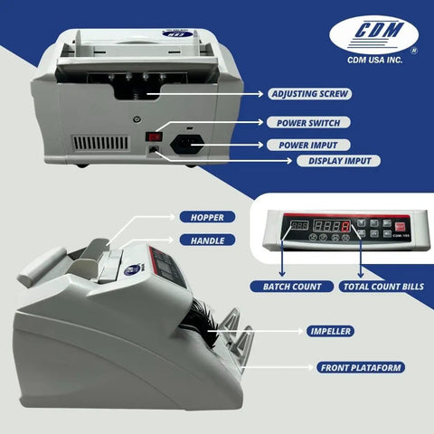 Advanced Money Counter Machine With UV, MG, DD, DBL, HLF, CHN Counterfeit Detection Plus Add And Batch Modes showing features.