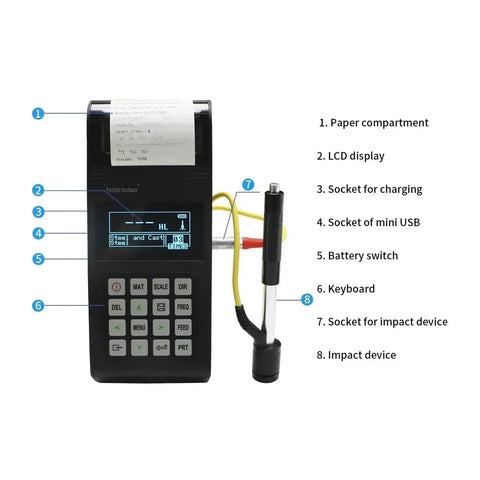 Portable Digital Leeb Hardness Tester With LCD Display showcasing controls, sockets, and impact device for accurate metal testing.
