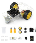 2WD Robot Car Chassis Kit With TT Motors Battery Box Clear Acrylic Chassis And Two Wheels For DIY Robotic Projects Compatible With Arduino Raspberry Pi Jetson Awesome For Education Prototyping And Sensor Tutorials, showing components including wheels, motors, and screws.