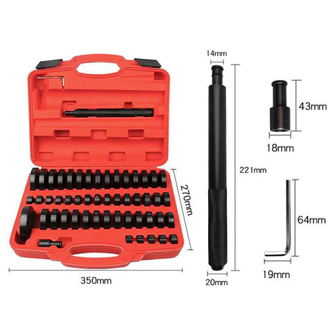 52 In 1 Universal Bushing Driver Tool Set with 50 discs, red case, shaft, L wrench, dimensions marked, for transmission wheel axle bearings.