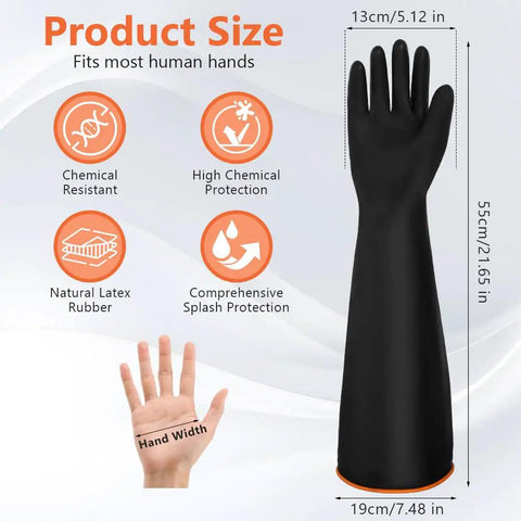 Tough As Nails 22 Inch Heavy Duty Rubber Gloves For Household Chores And Professional Cleaning Reusable Chemical Resistant Safety Gear With Ergonomic Comfort Fit shown with sizing details.