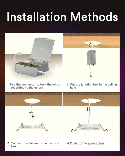 Installation steps for 4 Pack Canless 4 Inch Smart LED Recessed Downlights, 9W RGBWW Ceiling Lights With WiFi And Bluetooth.