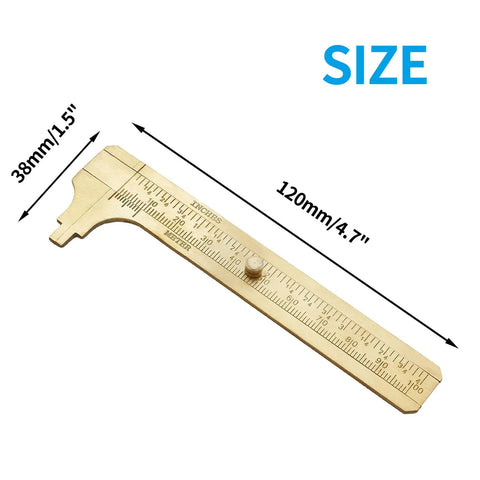 Brass Pocket Vernier Caliper Ruler with dual mm and inch scales, 100mm tool, shown in size 38mm x 120mm, for precise DIY projects.