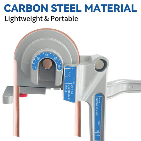 Sugoee 3 In 1 Tube Bender For Copper Brass Aluminum Pipes showing carbon steel material and bending scale for 1/4 3/8 1/2 inch tubes.