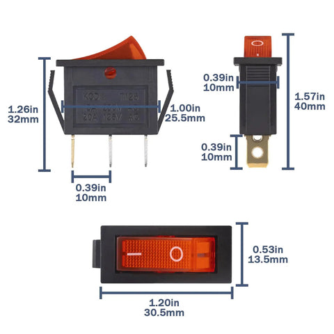 Dimensions of 10 Piece Lighted Rocker Switch Kit On Off 3 Pin 2 Position KCD3 SPST With Lit Red Indicator 125V 20A And 250V 15A AC