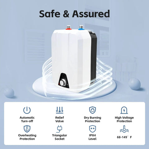 Tankless Electric Water Heater Brings The Heat With 1500W Power, compact white design with safety features for kitchen use.