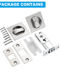 Package contents of Recessed Pocket Door Lock with Two Sided Privacy Latch for Bathroom Bedroom Barn Doors, Invisible Sliding Door Hardware, Fits Doors Thickness From One and Three Eighths to Two Inches, Silver Finish.