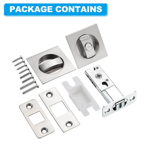 Package contents of Recessed Pocket Door Lock with Two Sided Privacy Latch for Bathroom Bedroom Barn Doors, Invisible Sliding Door Hardware, Fits Doors Thickness From One and Three Eighths to Two Inches, Silver Finish.