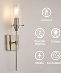 Brushed Nickel Wall Sconces Set Of 2 Sleek Modern Industrial Vanity Lights With Clear Glass Shades For Bathroom Farmhouse Style Wall Lighting Fixtures For Bath Vanity Two Pack Bulb Not Included with product features