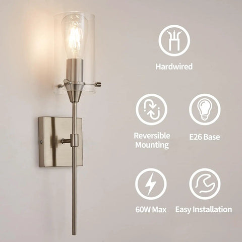 Brushed Nickel Wall Sconces Set Of 2 Sleek Modern Industrial Vanity Lights With Clear Glass Shades For Bathroom Farmhouse Style Wall Lighting Fixtures For Bath Vanity Two Pack Bulb Not Included with product features
