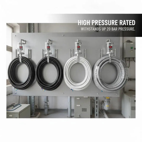 Ironclad Flex Gray Conduit 64mm X 10M Thickened Wire Cable Protector Sleeve view displaying multiple hose types on wall mounts.
