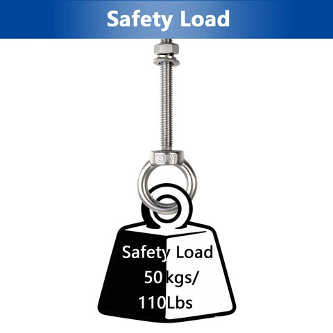 Safety load label with 10 Pack M6 x 50mm Eyebolts With Nuts And Washers, Stainless Steel Marine Grade Shoulder Eye Bolts for DIY and outdoor use