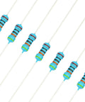 Blue axial metal-film resistors with color-bands; eight pieces shown.