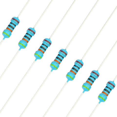 Blue axial metal-film resistors with color-bands; eight pieces shown.