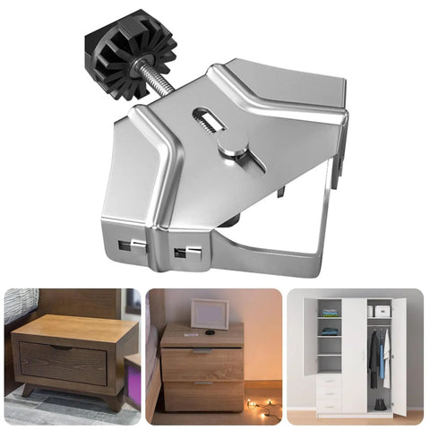 Heavy Duty 90 Degree Corner Clamp With Super Sturdy Grip For Woodworking Welding And Framing Jobs One Hand Operation Stainless Steel tool close-up.