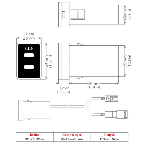 Dimensions and specifications of Heavy Duty Dual USB C Car Charger Built For Toyota Drivers To Keep Your Devices Juiced And Ready To Roll While Crushing Long Commutes With PD Super Fast Charging Power.